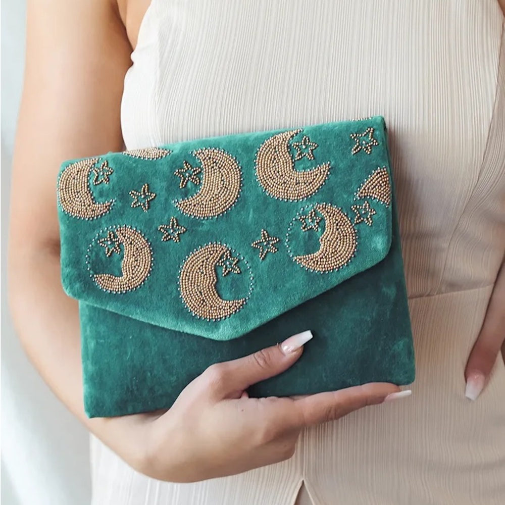 Lulus Across the Stars Teal Velvet Beaded Clutch